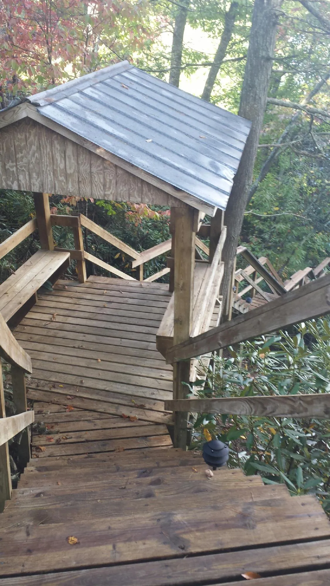 Metal roofed shelter over wooden steps on a wooded walkway — Skylight Repair & Installation work by our crew in Stockport